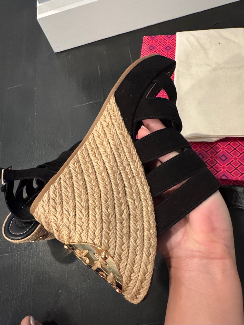 Tory Burch Black Suede Espadrille Wedge Sandals with Gold Logo - Picture 11 of 12